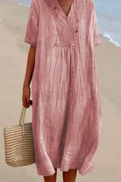 V Neck Short Sleeve Baggy Cotton Linen Midi Dress Pink