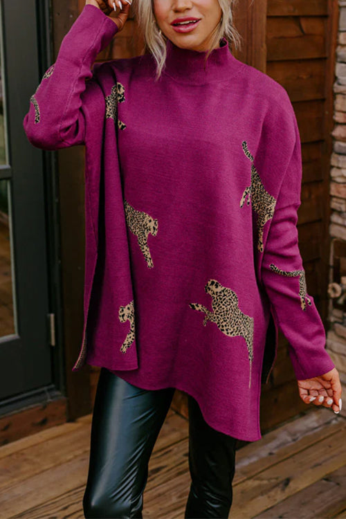 Rosiedress High Neck Side Slit Cheetah Pattern Sweater