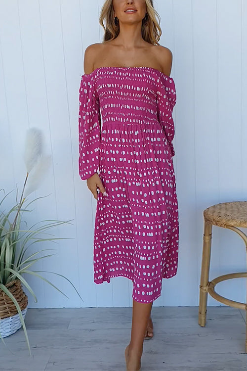 Off Shoulder Long Sleeves Printed Midi Dress