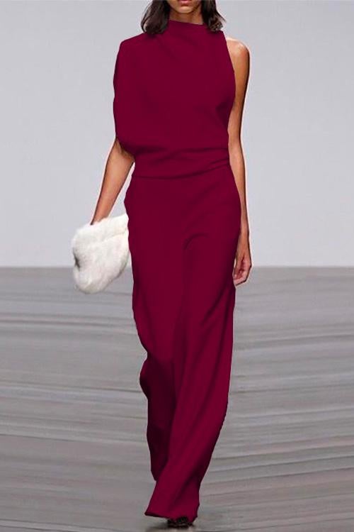 Rosiedress One Shoulder Waisted Wide Leg Jumpsuit Burgundy