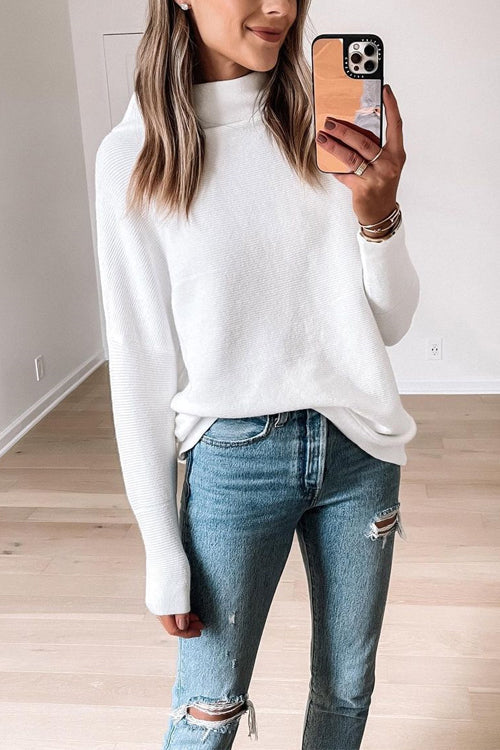 Mockneck Long Sleeves Solid Knitting Pullover Top White