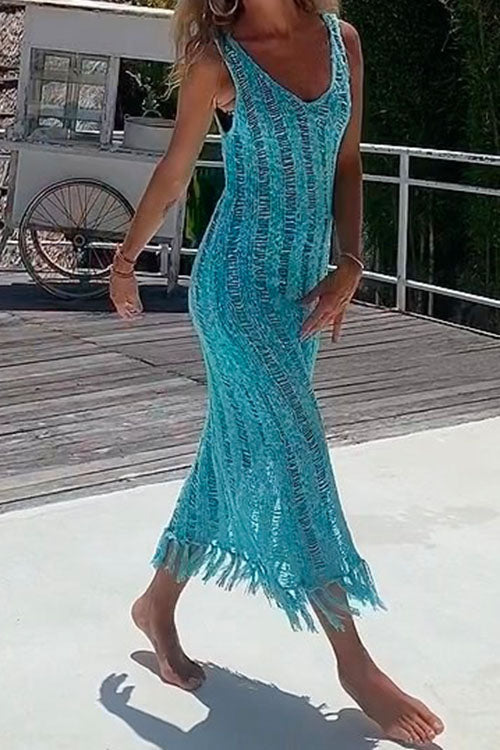 Rosiedress Hollow Out Sleeveless Tassel Beach Cover Up Dress Blue