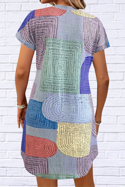 Geometric V-Neck Short Sleeve Button-Front Dress