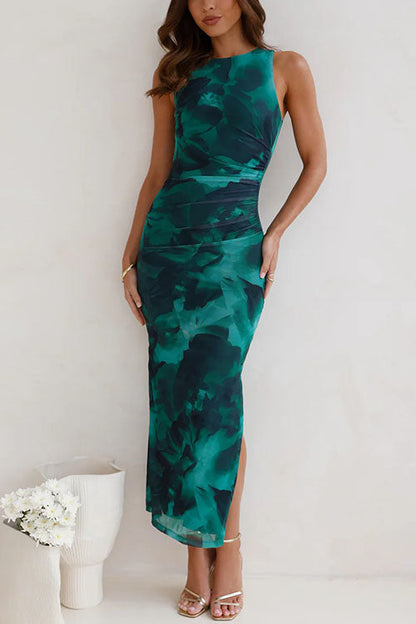 Sleeveless Side Slit Printed Bodycon Midi Dress