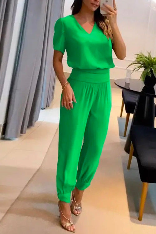 V Neck Short Sleeve Top High Waist Tapered Pants Set Green