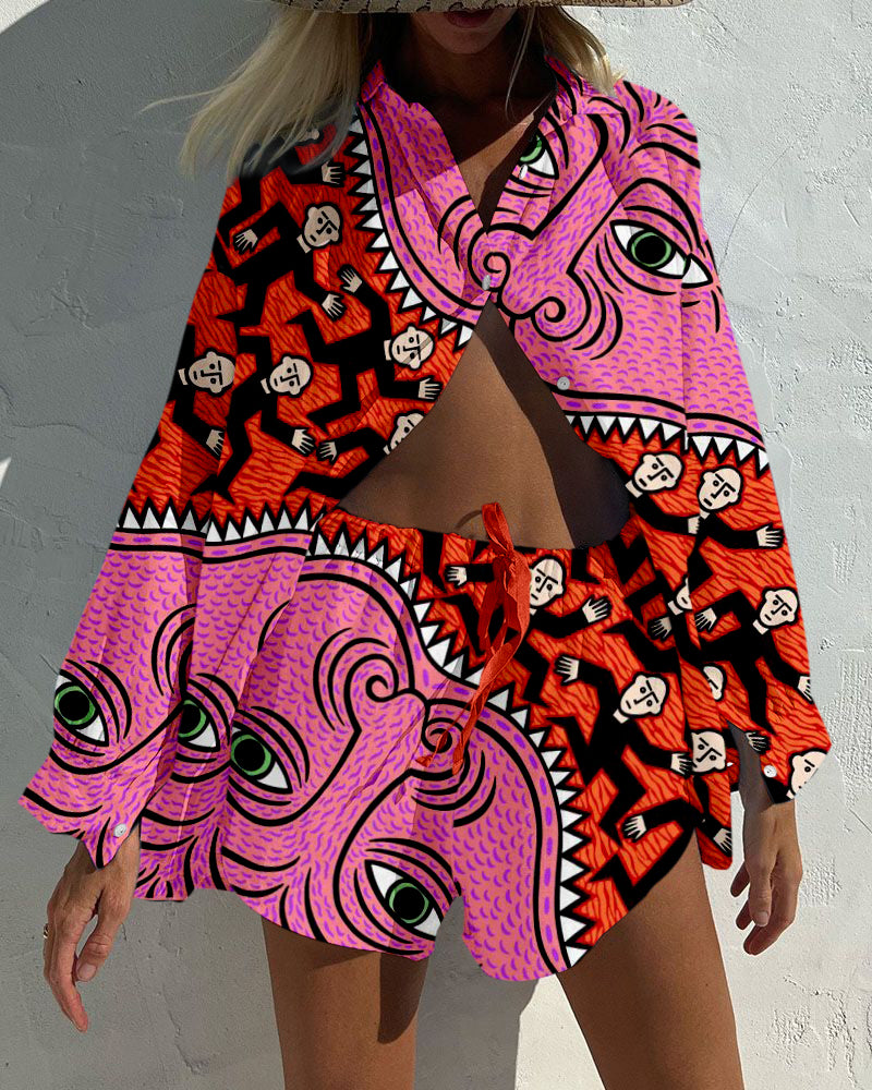 Bizarre big mouth print two-piece set