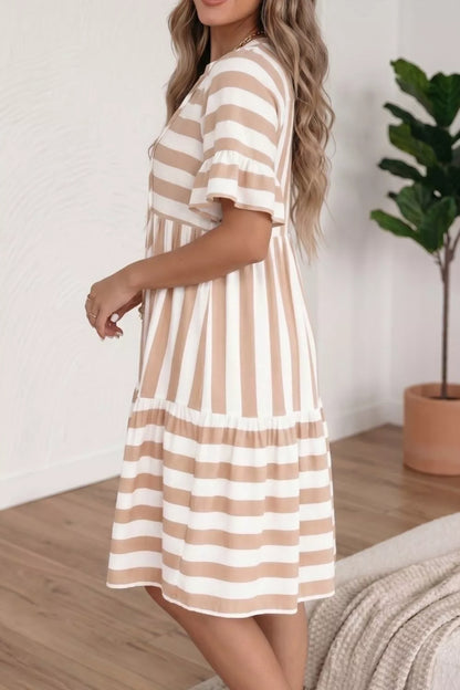 Stripe Tie V Neck Ruffle Trim Short Sleeve Flared Summer Dress
