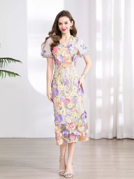 Floral Embroidered Puff Sleeve Midi Dress