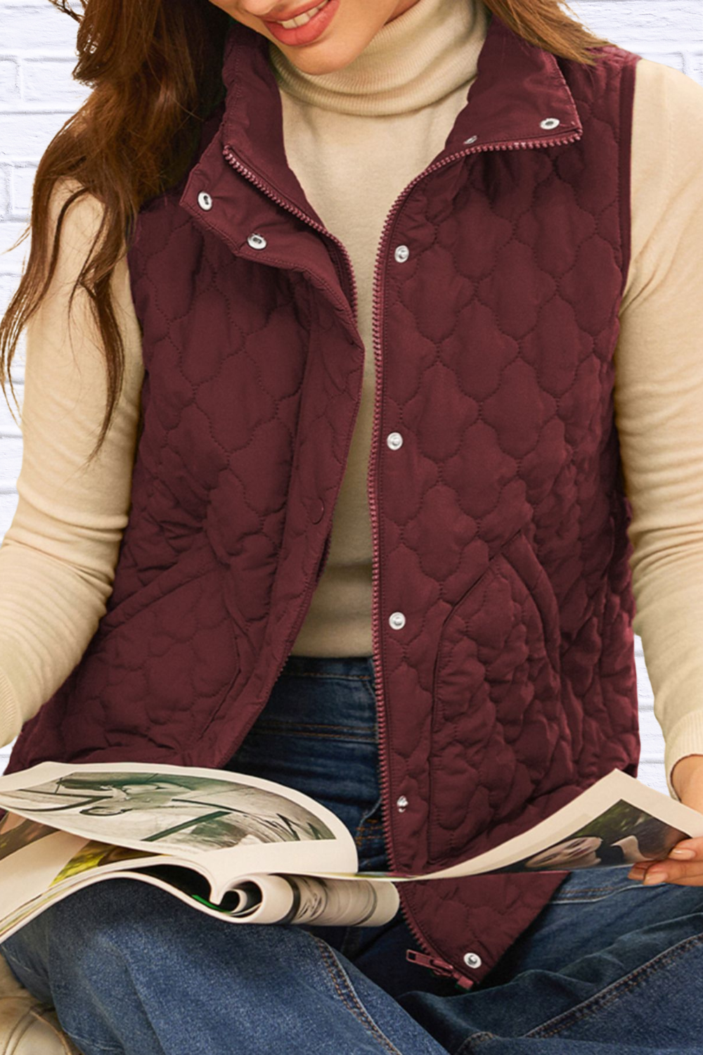 Burgundy Quilted Snap Down Zip Up Vest Coat – Women’s Lightweight Warm Outerwear for Fall & Winter
