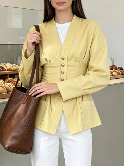 Pleated Waist Blouse with Button Detail