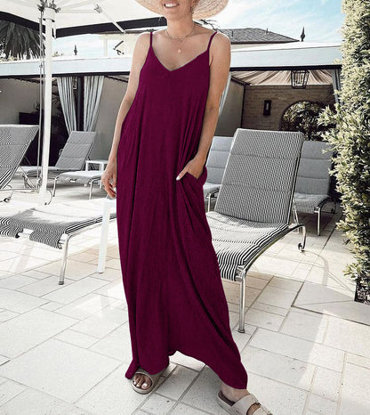 Summer suspenders solid color maxi dress