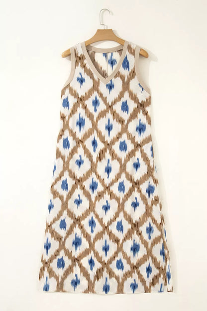 Abstract Print V Neck Sleeveless Midi Dress