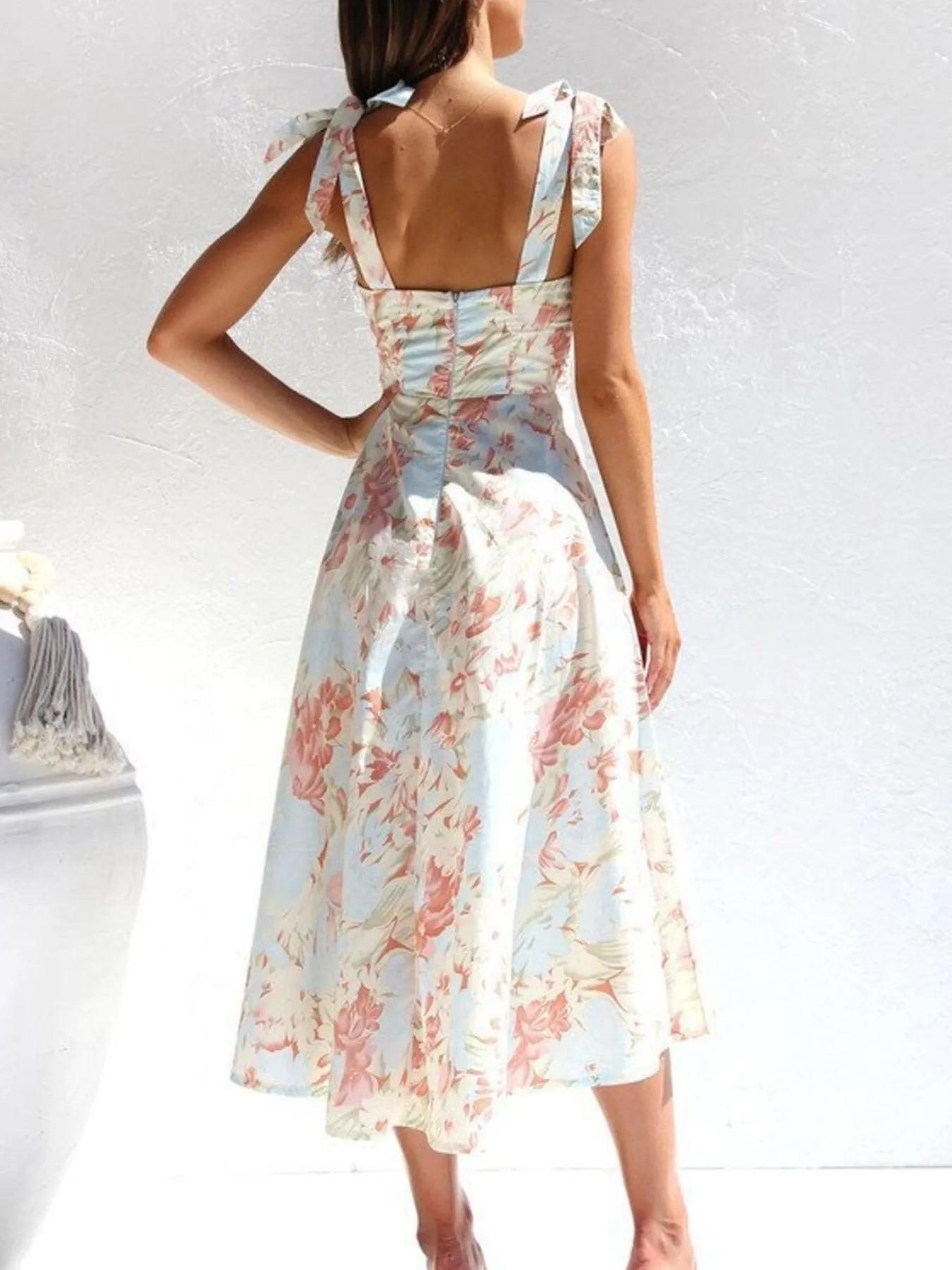 Floral Tie-Strap Sweetheart Neck Midi Dress