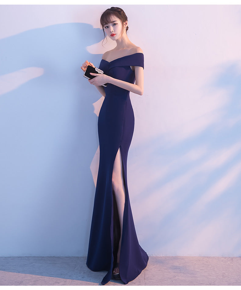 Off Shoulder Solid High Slit Gown