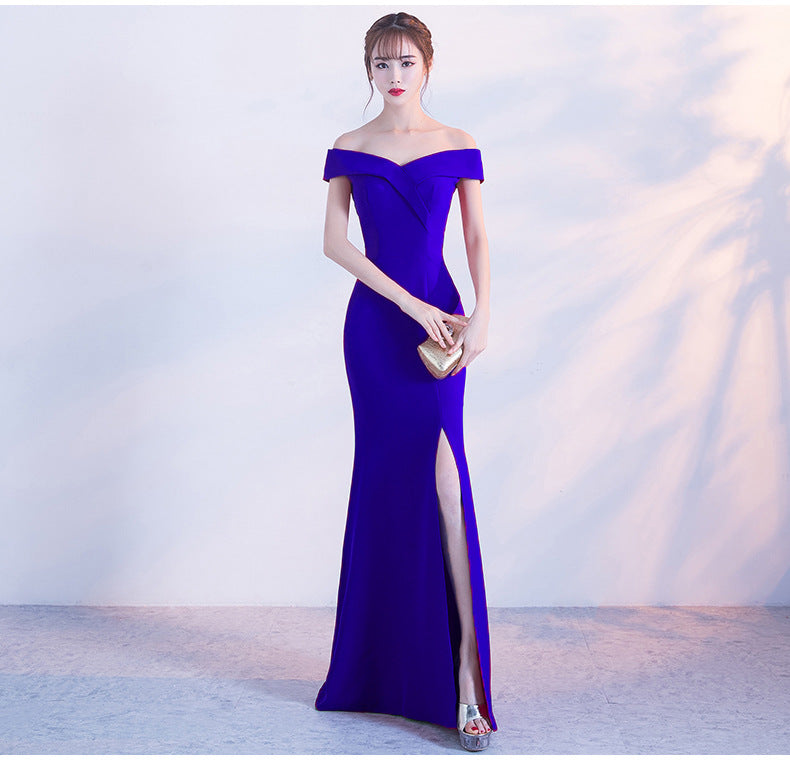 Off Shoulder Solid High Slit Gown