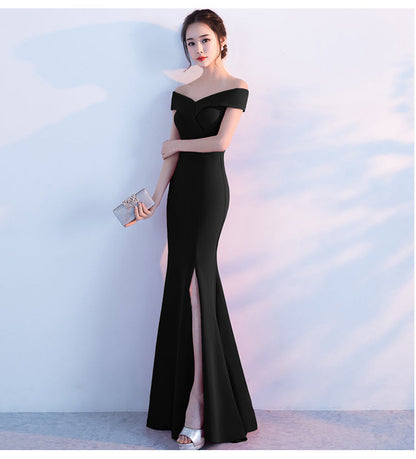 Off Shoulder Solid High Slit Gown