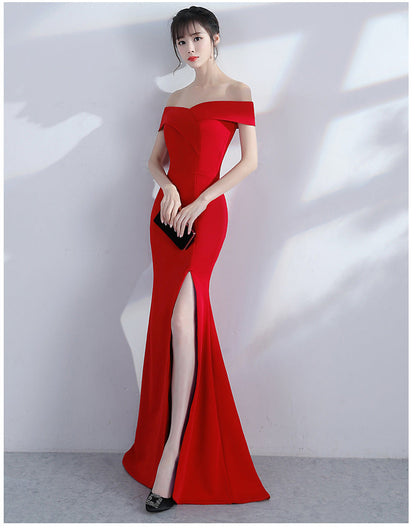 Off Shoulder Solid High Slit Gown