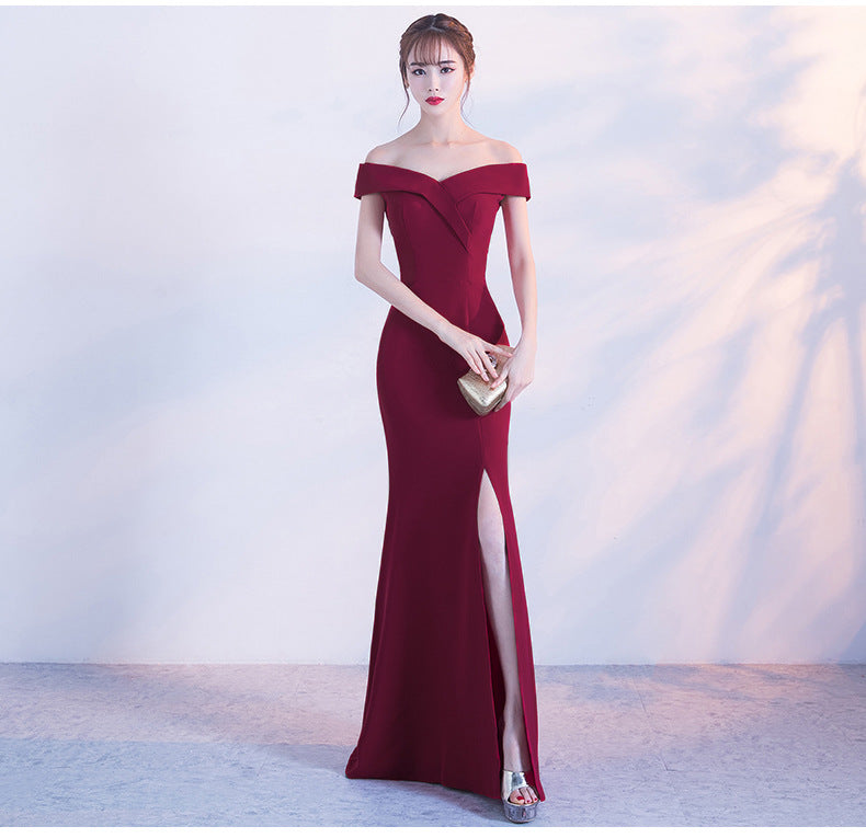 Off Shoulder Solid High Slit Gown