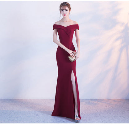 Off Shoulder Solid High Slit Gown