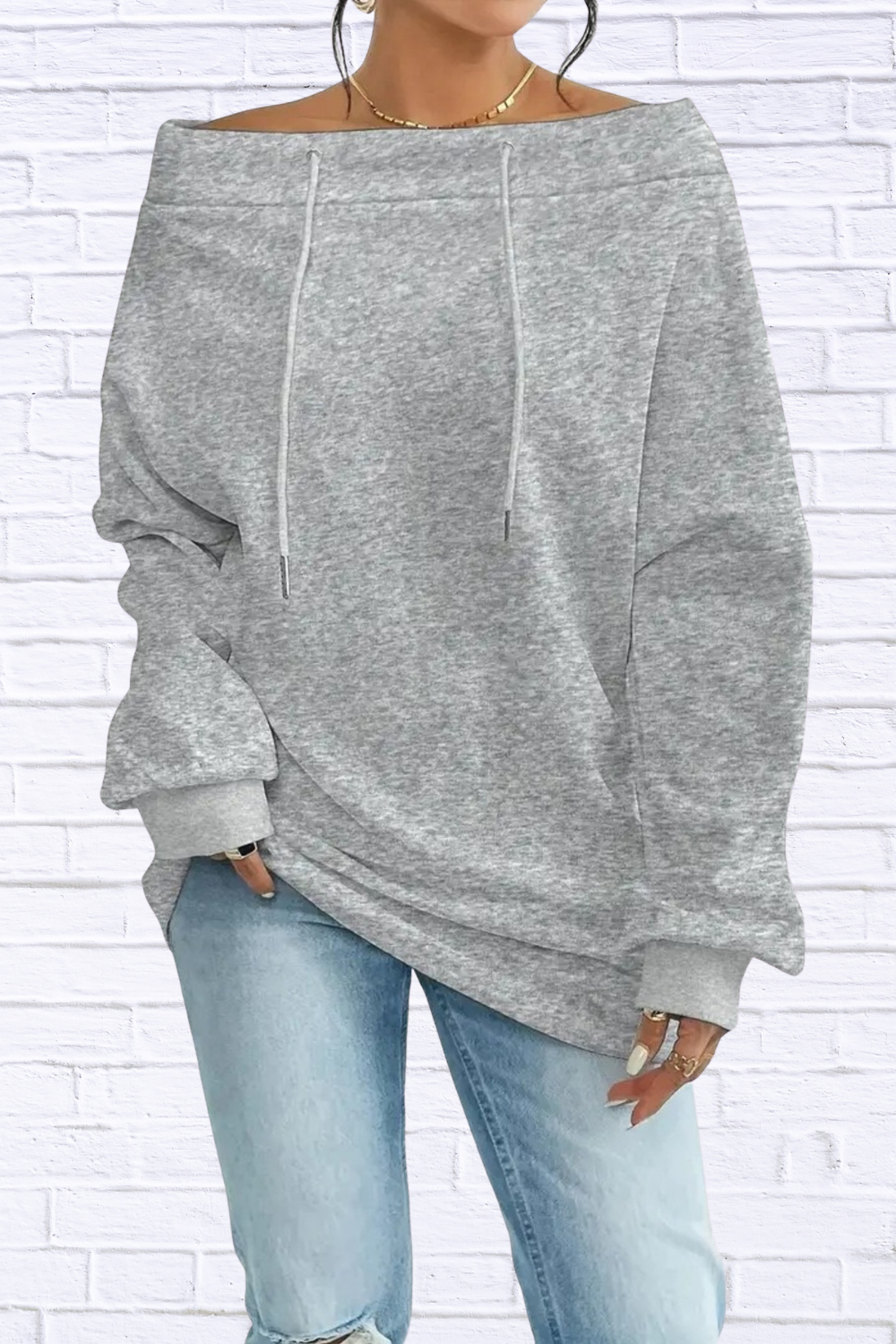 Off-Shoulder Drawstring Sweatshirt