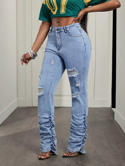 High-Waisted Distressed Stacked Hem Jeans