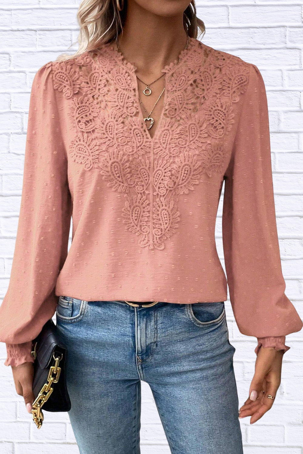 Swiss Dot Lace Detail Long Sleeve Blouse