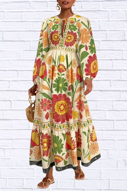 Floral Tie Waist Long Sleeve Dress