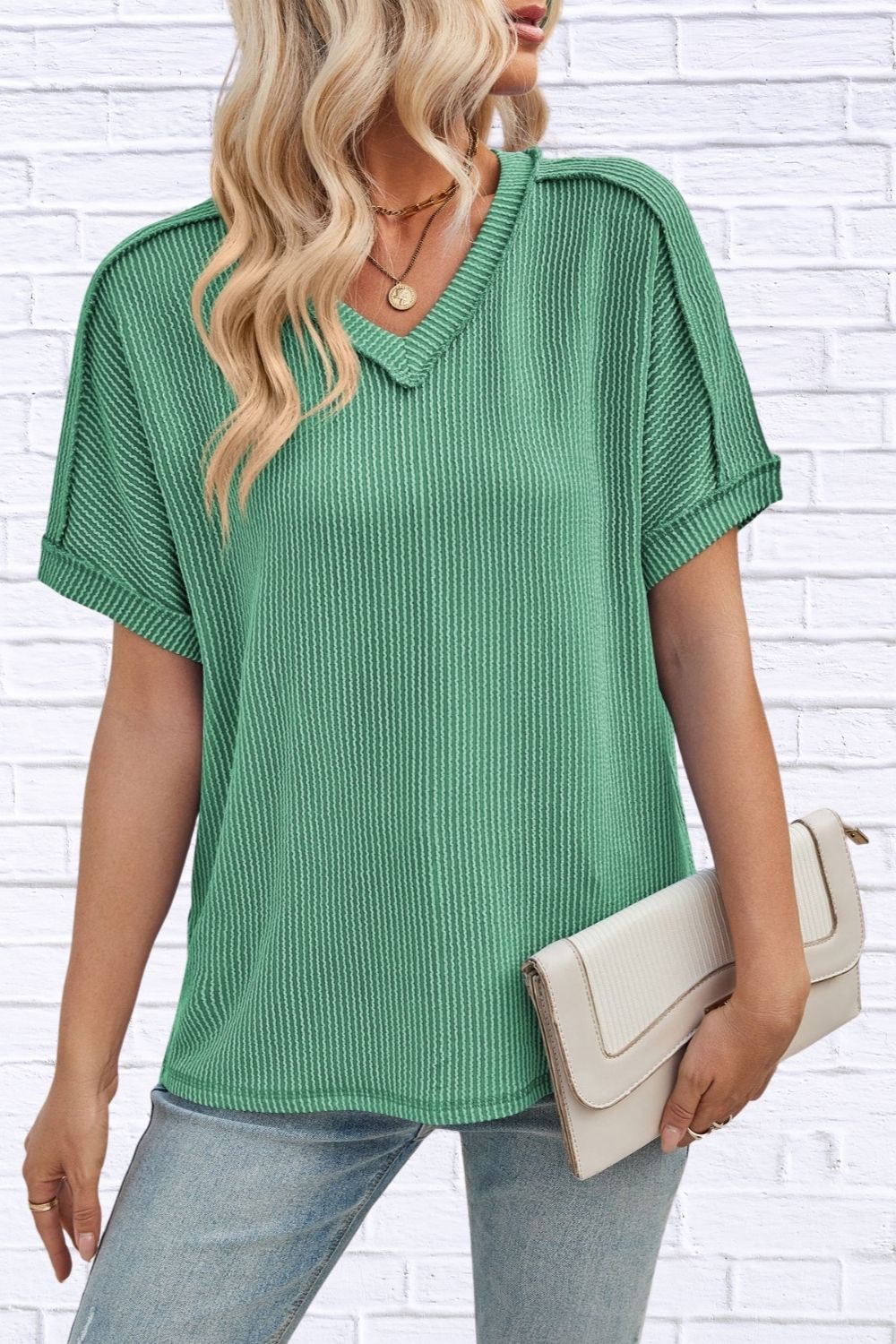 Cord Ribbed V-Neck Short Sleeve T-Shirt for Women