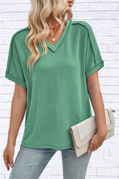 Cord Ribbed V-Neck Short Sleeve T-Shirt for Women