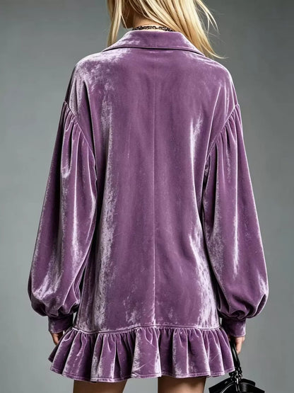 Full Size Velvet Ruffled Hem Long Sleeve Dress Plus Size