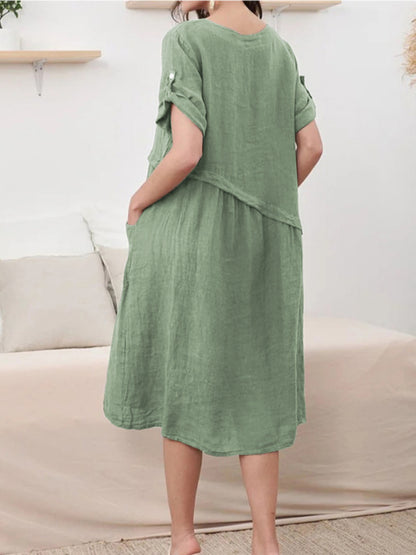 New Short Sleeves V-neck Pocket Dress