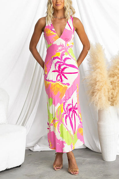 V Neck Sleeveless Tropic Print Maxi Vacation Dress