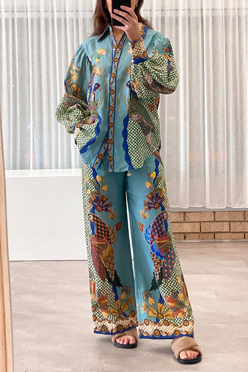 Rosiedress Birds Printed Puff Long Sleeves Blouse Shirt Wide Leg Pants Vacation Set Printed