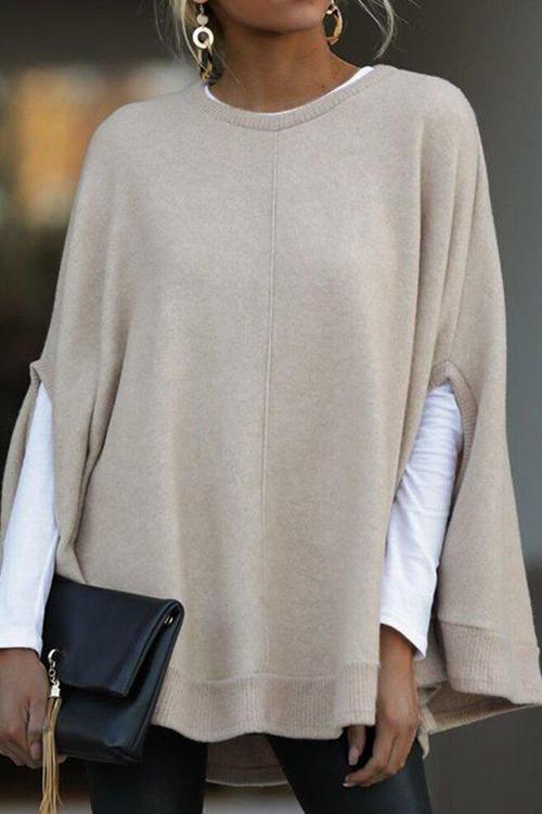 Rosiedress Solid Crewneck Batwing Sleeve Cloak Pullovers Khaki