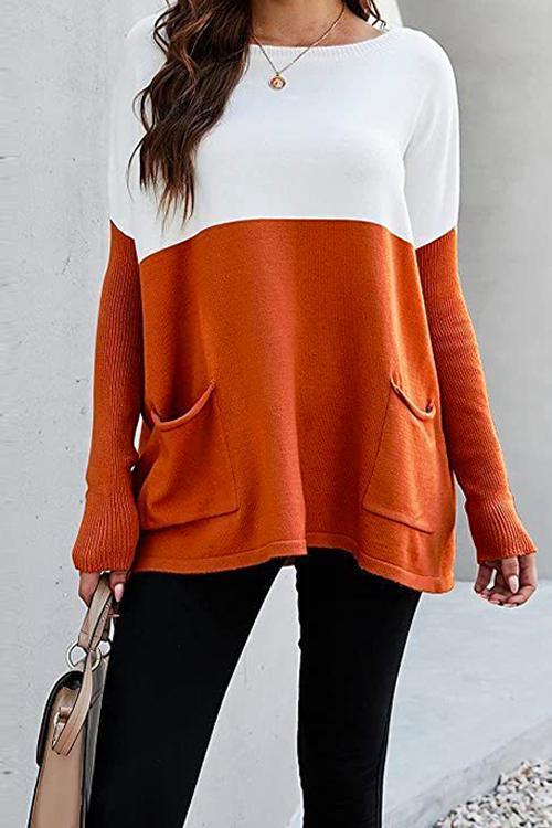 Rosiedress Color Block Knit Pullovers With Pockets Orange