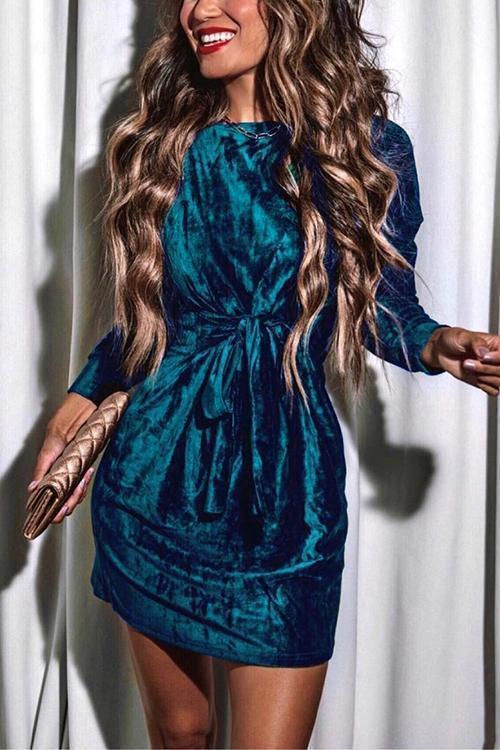 Tie Waist Velvet Holiday Dress(in 4 Colors) Blue