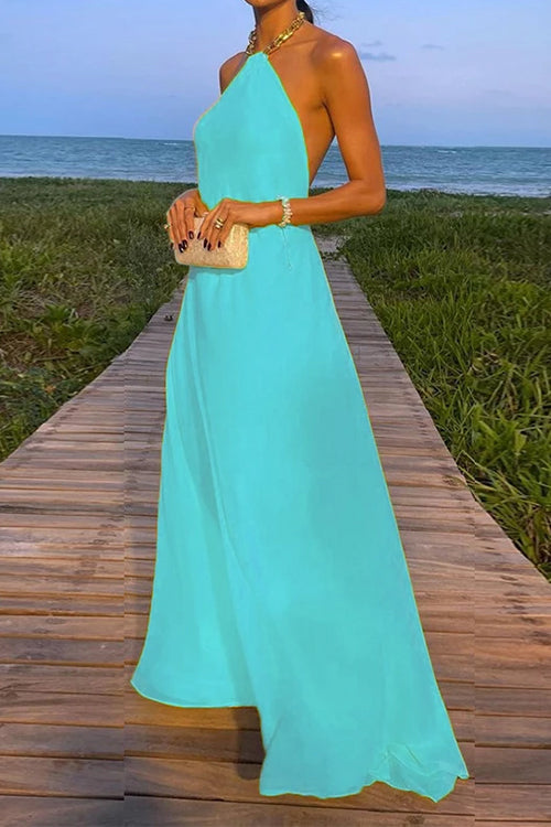 Chain Halter Open Back Maxi Swing Dress LightBlue