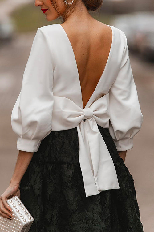 Chic 3/4 Sleeves Backless Bow Knot Top White