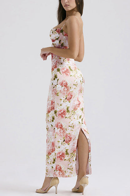 Rosiedress Floral Print Back Slit Bustier Maxi Sling Dress