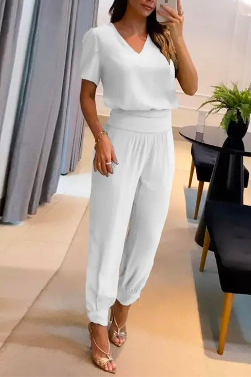 V Neck Short Sleeve Top High Waist Tapered Pants Set White