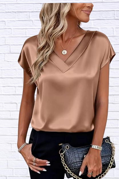 Satin V-Neck Short Sleeve Blouse