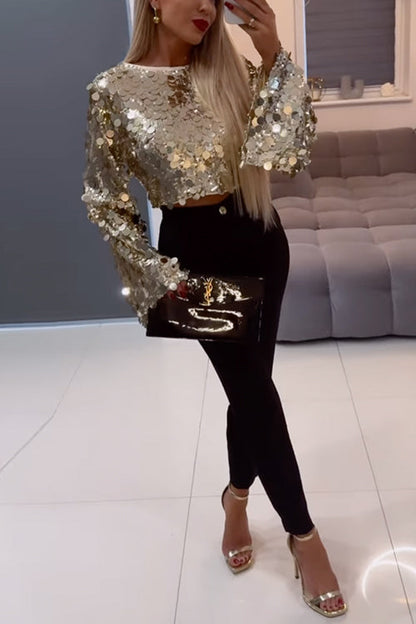 Long Bell Sleeves Metallic Sequin Crop Top Gold