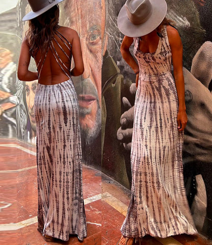 Rosiedress Criss Cross Open Back Tie Dye Maxi Dress White