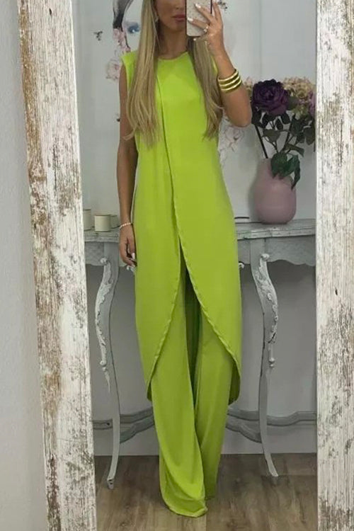 Chic Tulip Hem Sleeveless Long Top Wide Leg Pants Set LightGreen