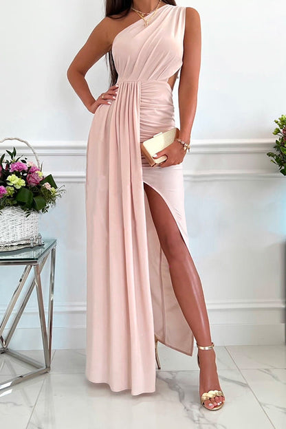 One Shoulder Cut Out Waist High Slit Maxi Party Dress Pink