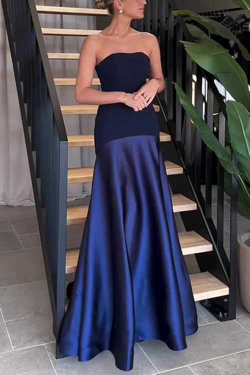 Strapless Patchwork Flare Gown Maxi Party Dress Royal Blue