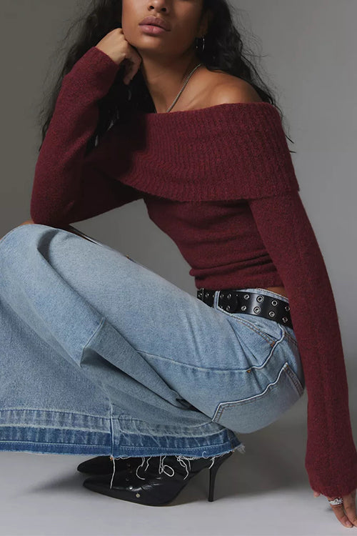 Rosiedress – Schulterfreier, langärmliger Pullover mit schmaler Passform