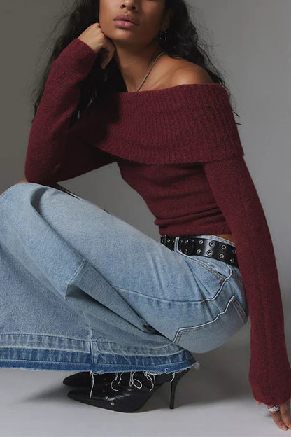 Rosiedress – Schulterfreier, langärmliger Pullover mit schmaler Passform