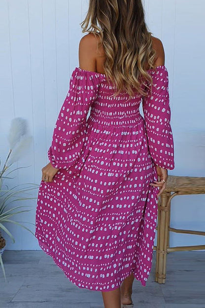 Off Shoulder Long Sleeves Printed Midi Dress