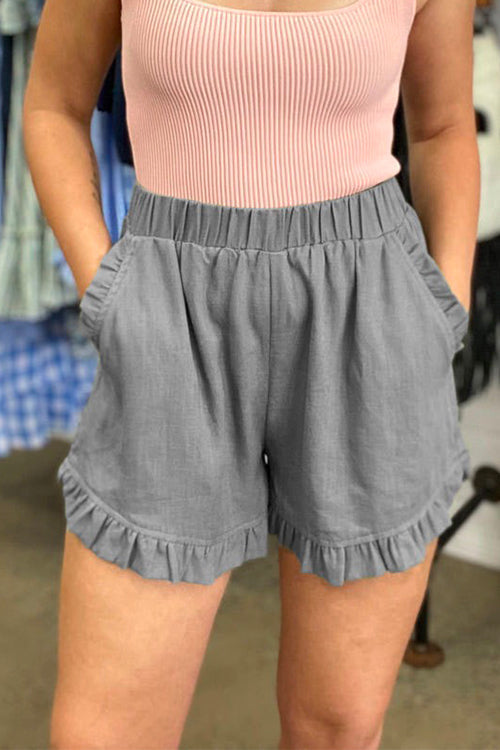 Elastic Waist Wide Leg Ruffle Cotton Linen Shorts Gray